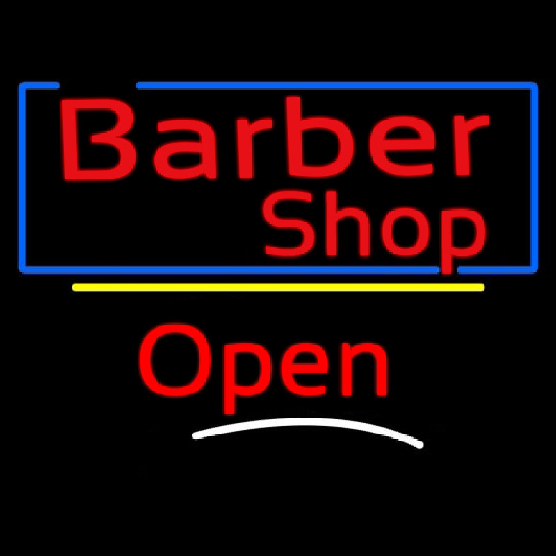 Barber Shop Blue Border Open Leuchtreklame