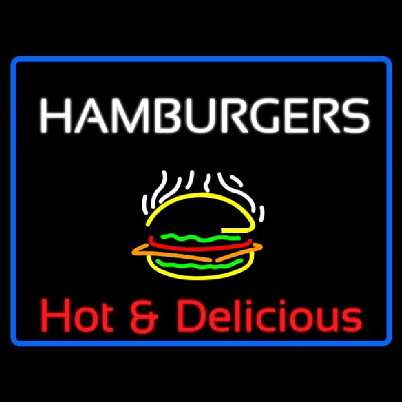 Blue Border Hamburgers Hot And Delicious With Border Leuchtreklame