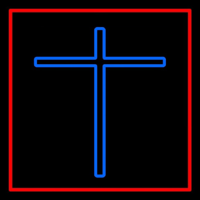 Blue Christian Cross Red Border Leuchtreklame