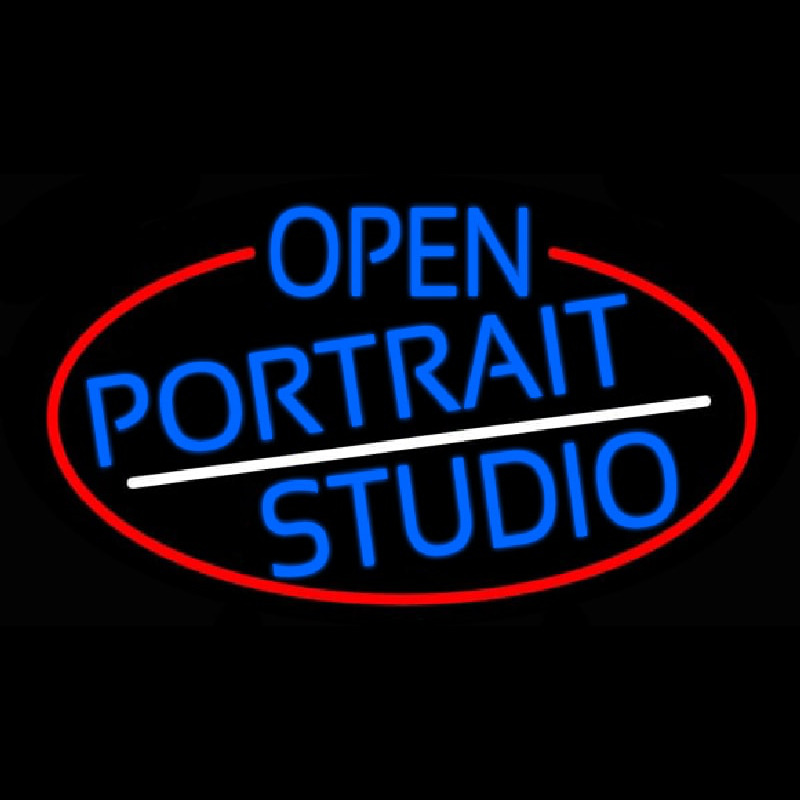 Blue Open Portrait Studio Oval With Red Border Leuchtreklame