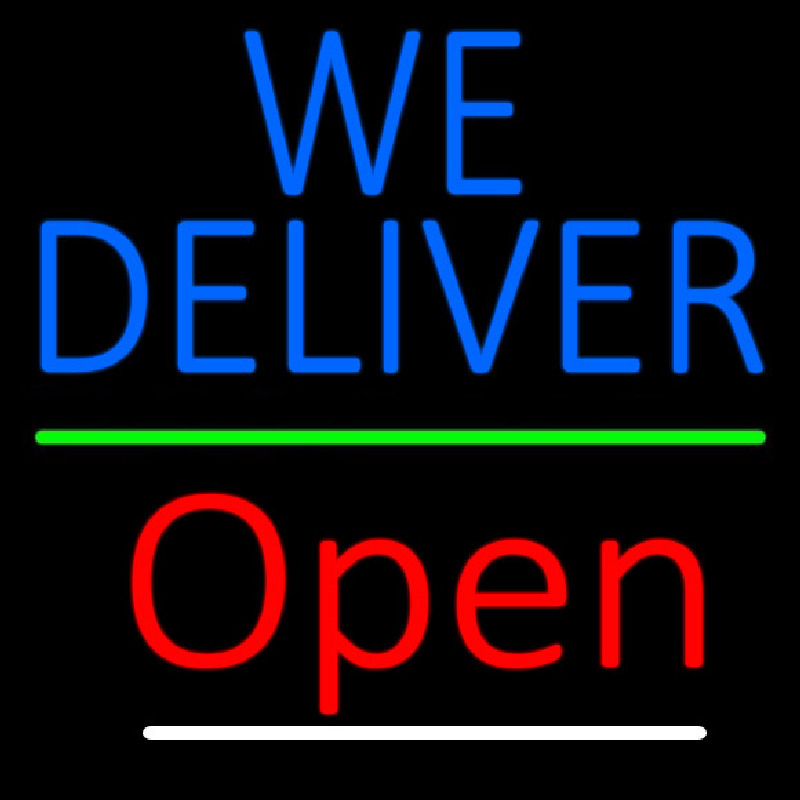 Blue We Deliver Open Green Line Leuchtreklame