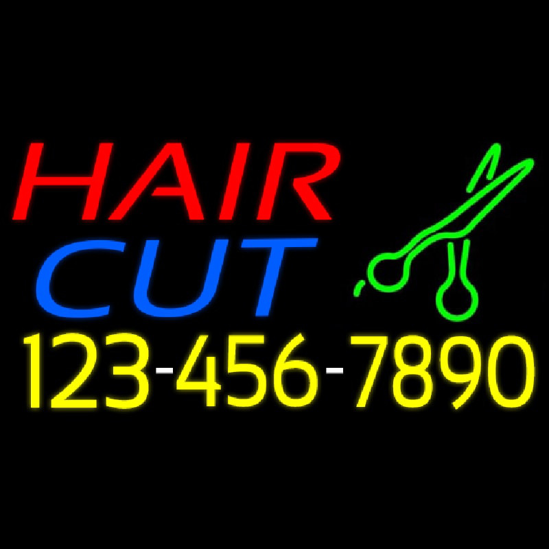 Hair Cut With Number And Scissor Leuchtreklame