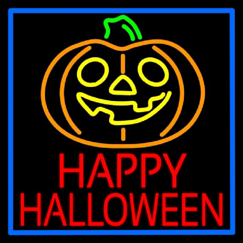 Happy Halloween Pumpkin With Blue Border Leuchtreklame