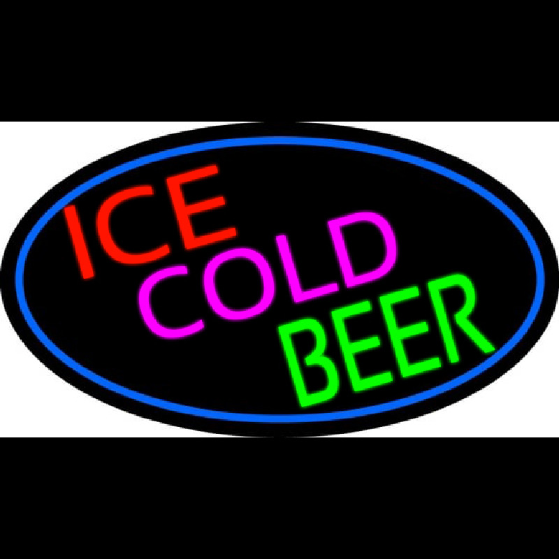 Ice Cold Beer Oval With Blue Border Leuchtreklame