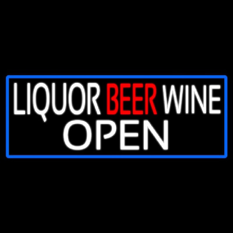 Liquor Beer Wine Open With Blue Border Leuchtreklame