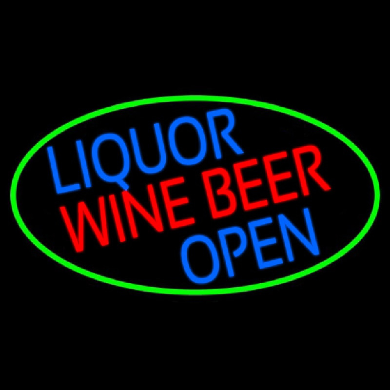 Liquor Wine Beer Open Oval With Green Border Leuchtreklame