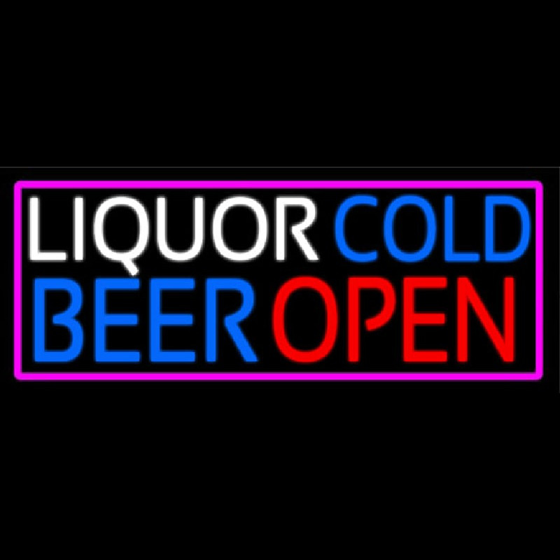 Liquors Cold Beer Open With Pink Border Leuchtreklame