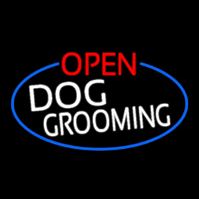 Open Dog Grooming Oval With Blue Border Leuchtreklame