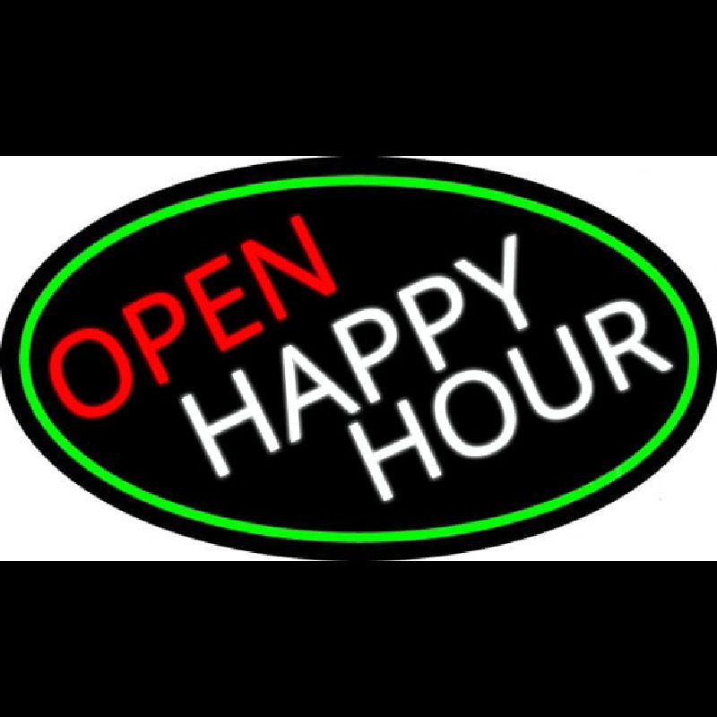 Open Happy Hour Oval With Green Border Leuchtreklame