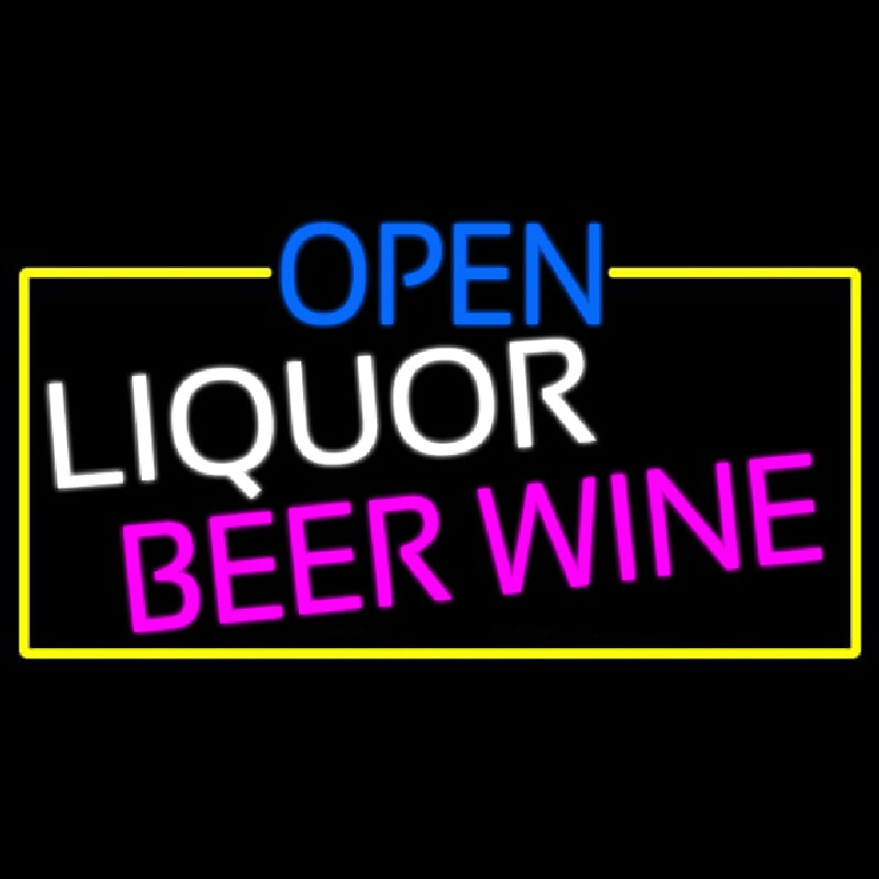 Open Liquor Beer Wine With Yellow Border Leuchtreklame
