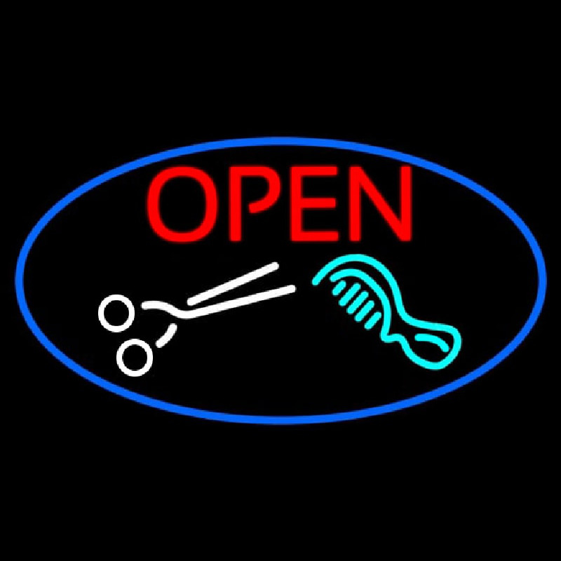 Open With Scissor And Comb Leuchtreklame