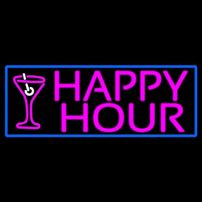 Pink Happy Hour And Wine Glass With Blue Border Leuchtreklame