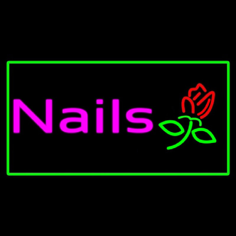 Pink Nails With Flower Logo Green Border Leuchtreklame