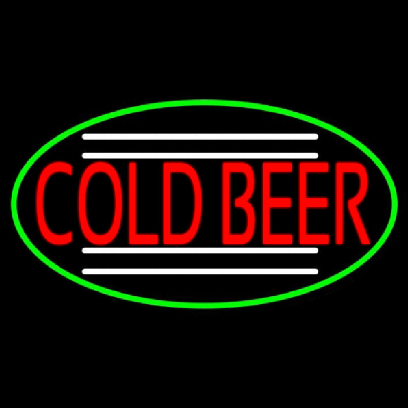 Red Cold Beer Oval With Green Border Leuchtreklame
