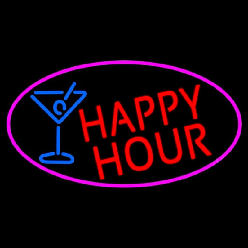 Red Happy Hour And Wine Glass Oval With Pink Border Leuchtreklame