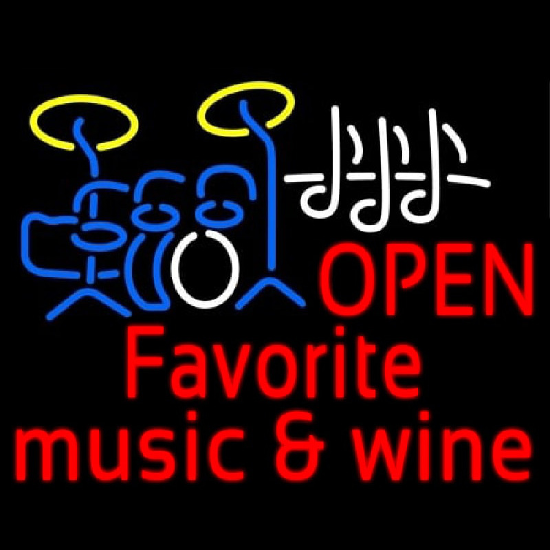Red Open Music Fovorite Music And Wine Leuchtreklame