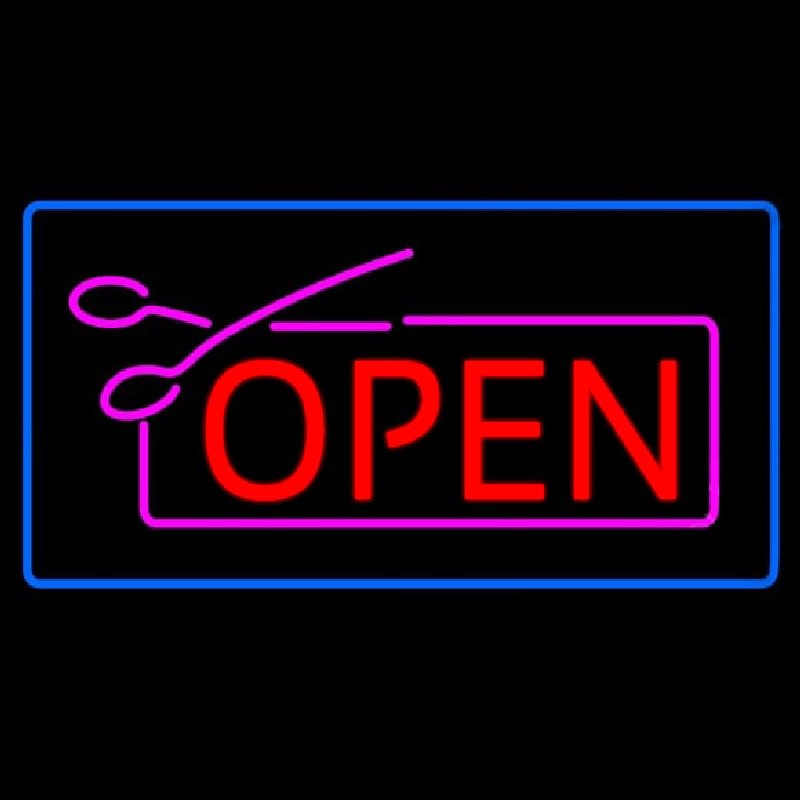 Red Pink Open With Scissors Blue Border Leuchtreklame