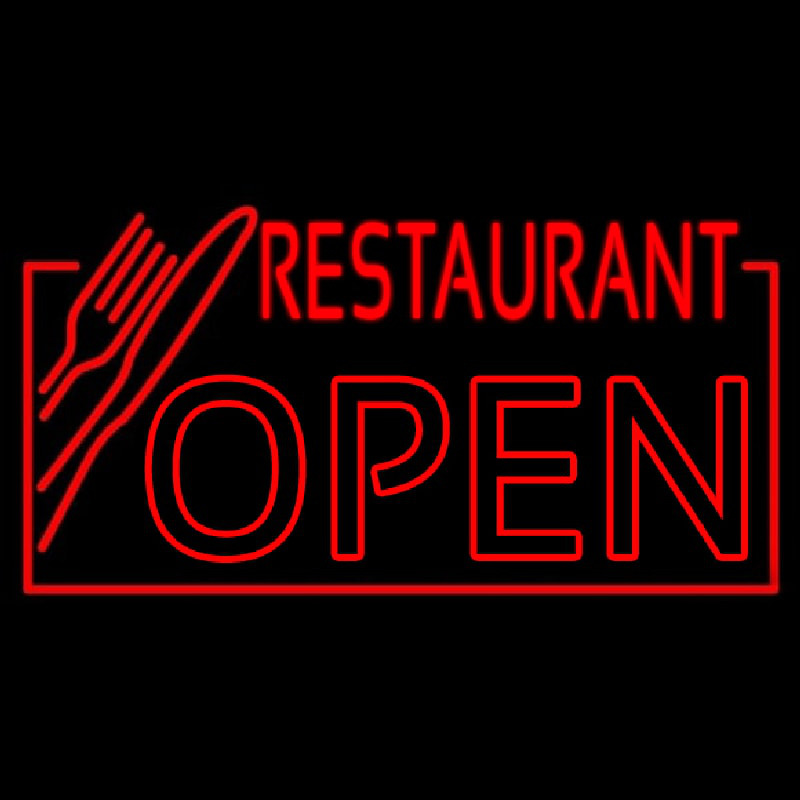 Red Restaurant Open With Knife And Fork Leuchtreklame