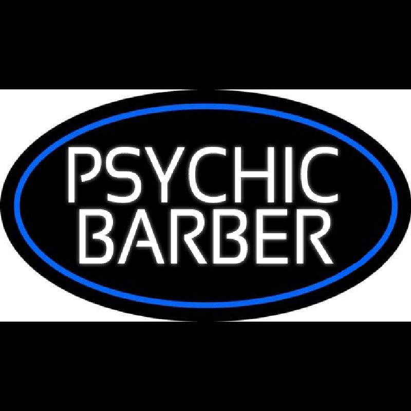 White Psychic Barber With Blue Border Leuchtreklame