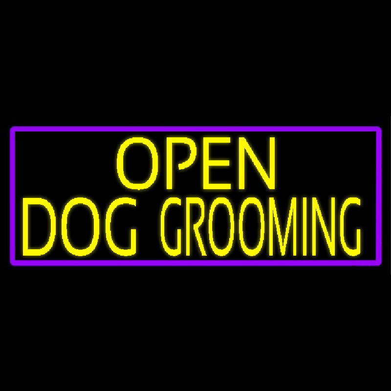Yellow Open Dog Grooming With Purple Border Leuchtreklame