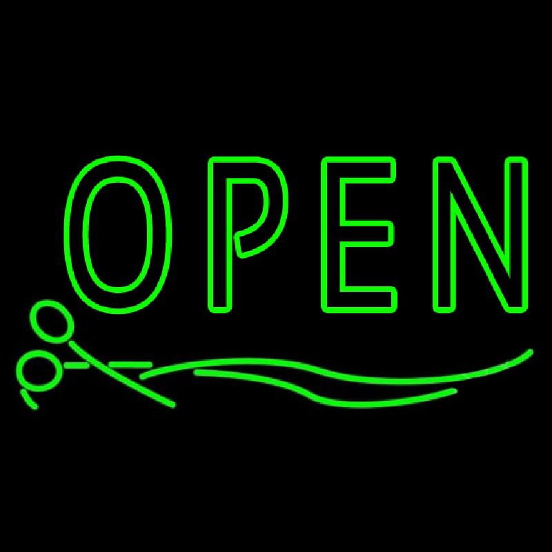 Green Open With Scissor Leuchtreklame