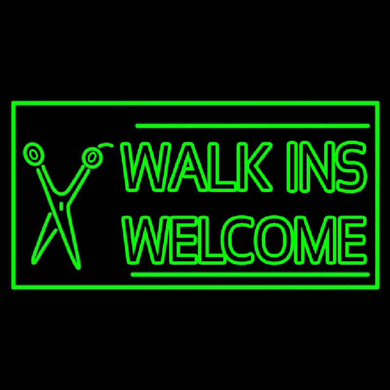 Green Walk Ins Welcome With Scissor Leuchtreklame