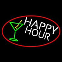 Happy Hour And Martini Glass Oval With Red Border Leuchtreklame