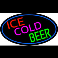 Ice Cold Beer Oval With Blue Border Leuchtreklame