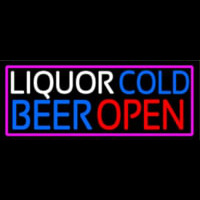 Liquors Cold Beer Open With Pink Border Leuchtreklame