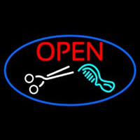 Open With Scissor And Comb Leuchtreklame