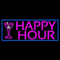 Pink Happy Hour And Wine Glass With Blue Border Leuchtreklame