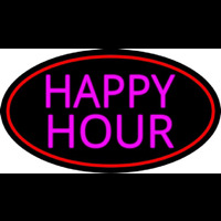 Pink Happy Hour Oval With Red Border Leuchtreklame