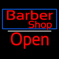 Red Barber Shop Open With Blue Border Leuchtreklame