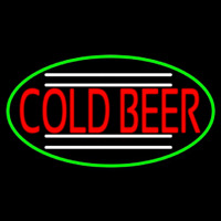 Red Cold Beer Oval With Green Border Leuchtreklame