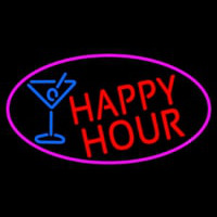 Red Happy Hour And Wine Glass Oval With Pink Border Leuchtreklame