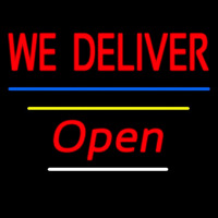 We Deliver Open Blue And Yellow Line Leuchtreklame
